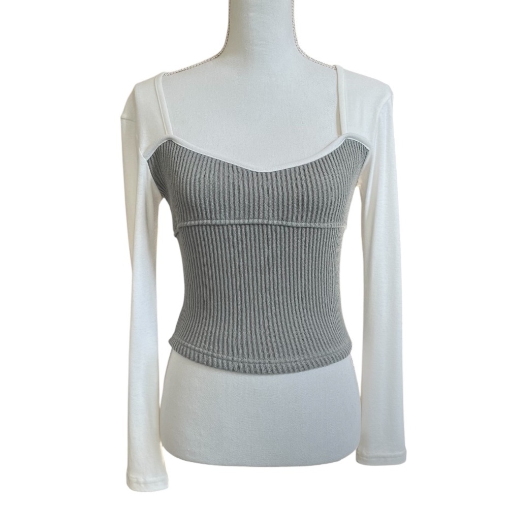 NWT Oak + Fort Mixed Material Sage and White Long Sleeve Top